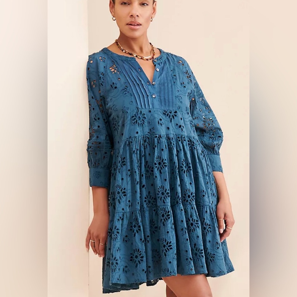 Anthropologie dRA Yara Draped Blue Eyelet Blouse Mini Dress‎ Size Small